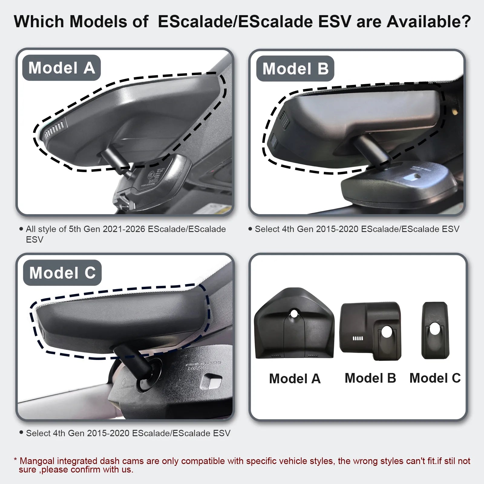 Mangoal Caméra de tableau de bord avant 4K et arrière 1080p sur mesure pour Cadillac Gen5 Escalade/Escalade ESV 2021 2022 2023 (modèle A), Sport Premium Luxury Platinum V-Series, vidéo UHD 2160P, WiFi et application, carte 128 Go