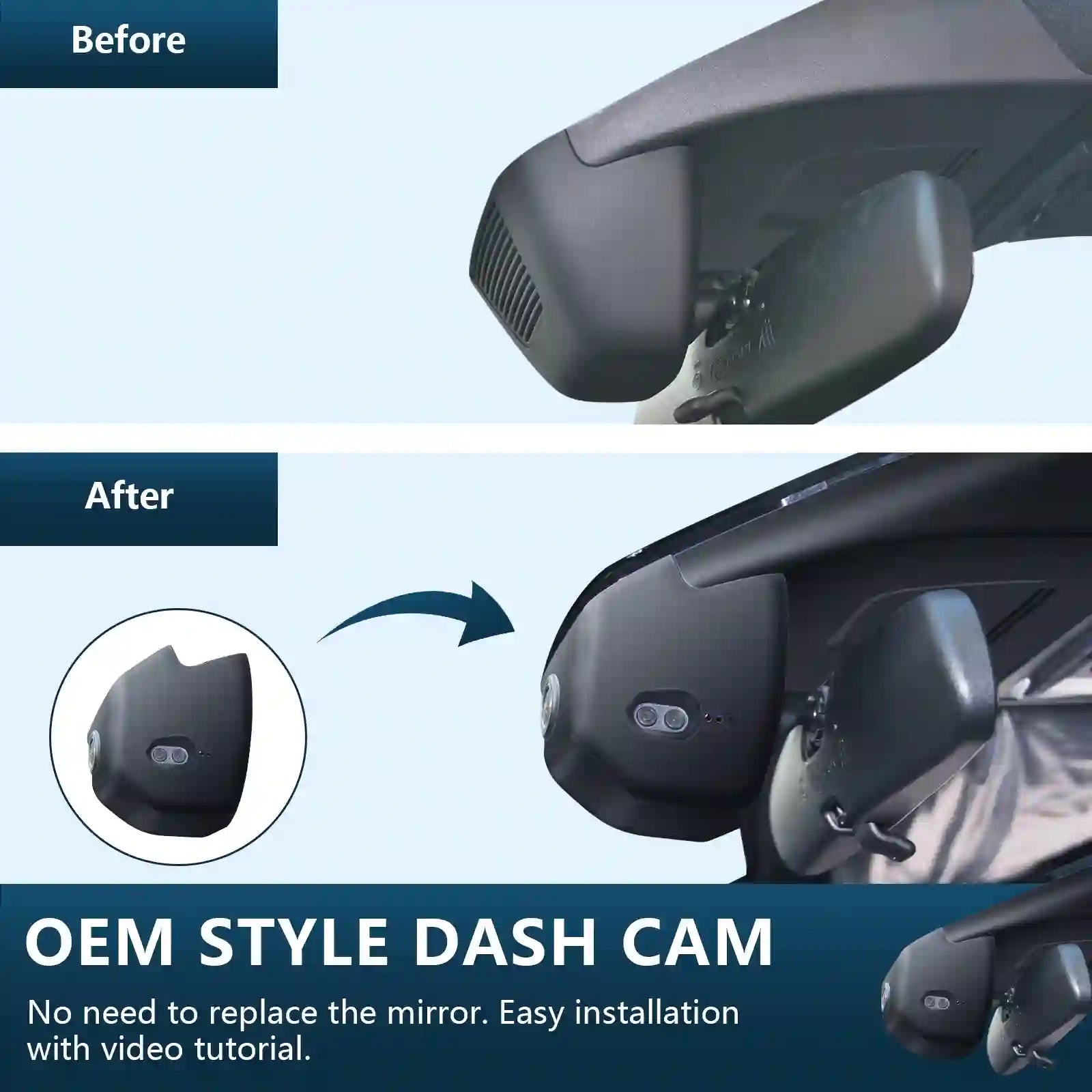 Before and after comparison of an OEM style dash cam installation on a car mirror. For mangoal tech dash camera