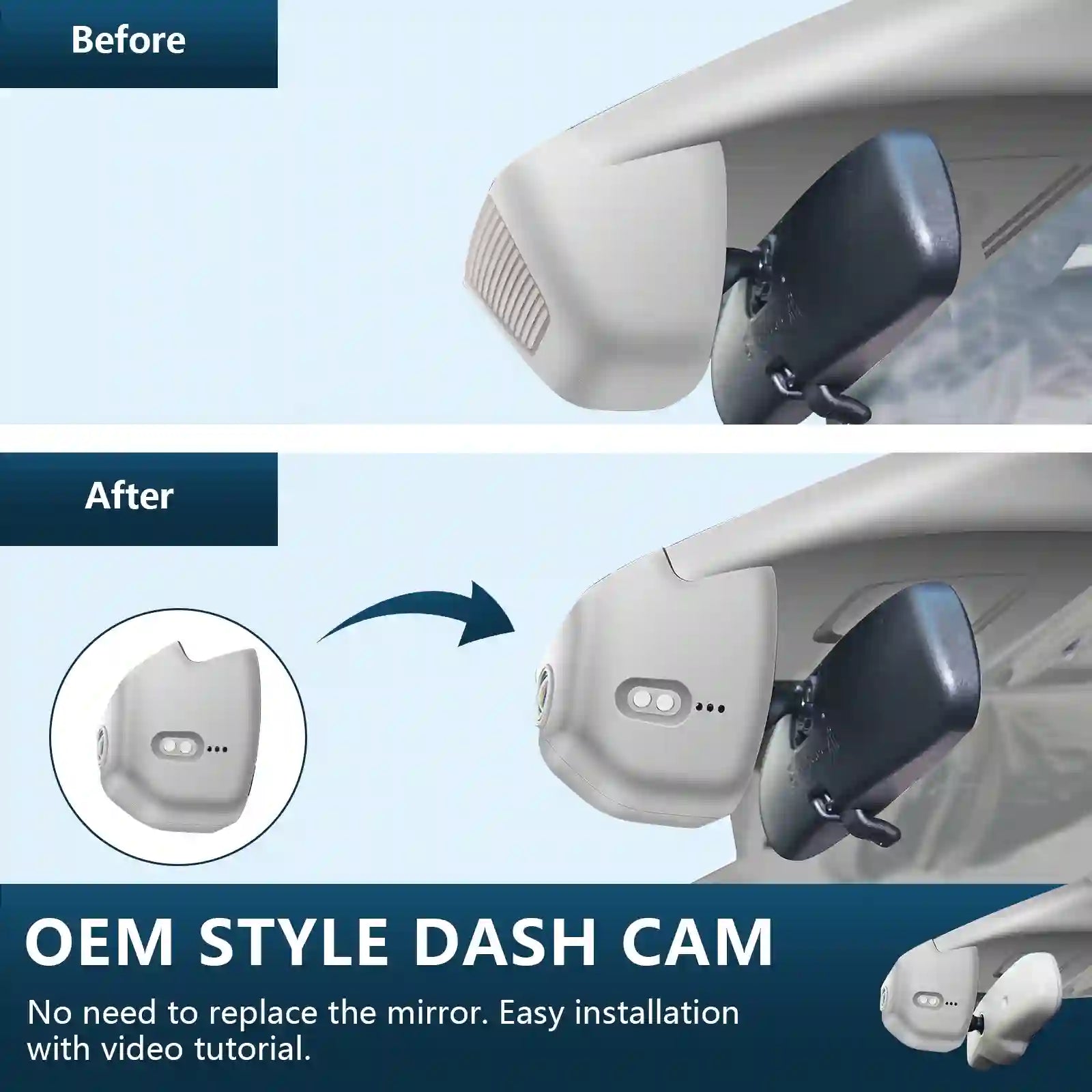 Before and after comparison of a car dash cam installation with a mirror.