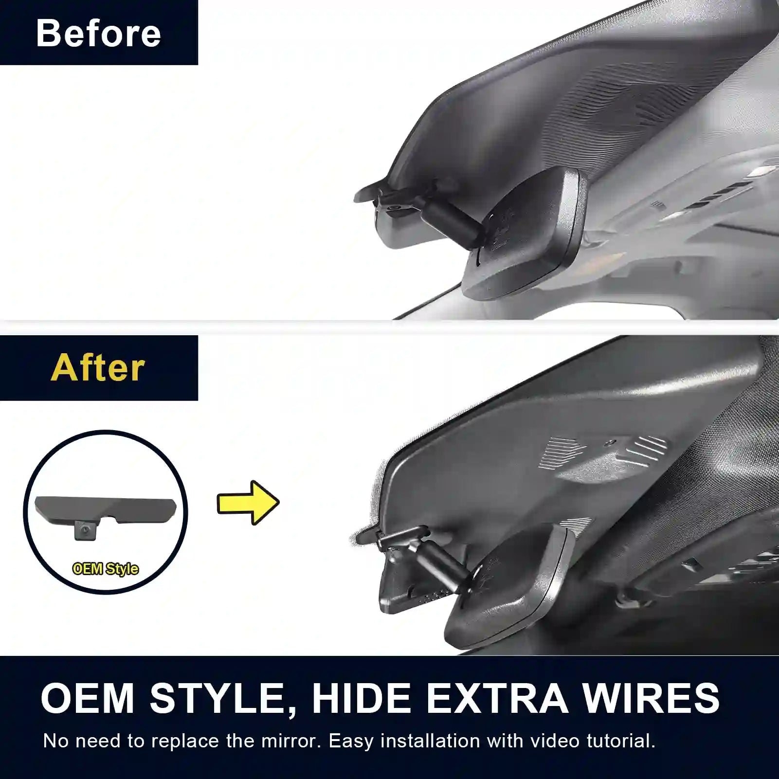 Comparison of a car mirror with and without an additional component labeled 'OEM Style, Hide Extra Wires'.