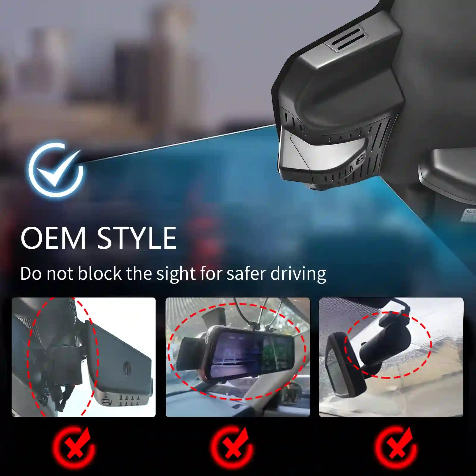 Car dashboard camera with instructions on safe installation and clear view for safer driving.