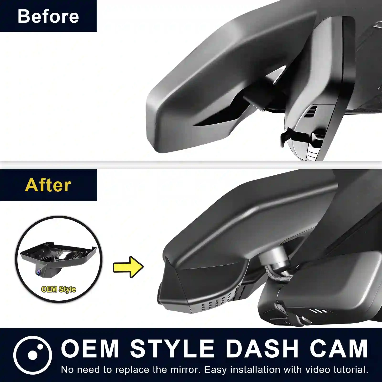 Before and after comparison of a car mirror with an OEM style dash cam installation.