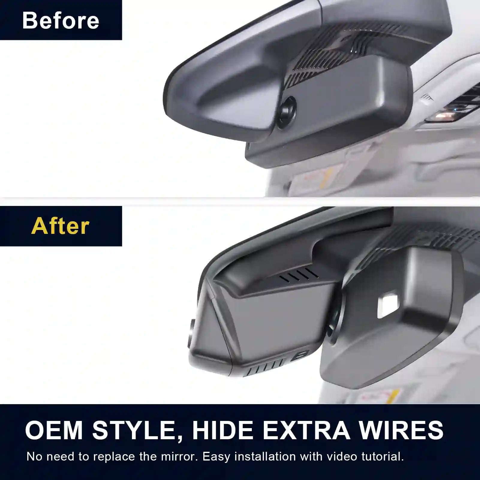 Before and after comparison of a car mirror with text indicating a solution for hiding extra wires.