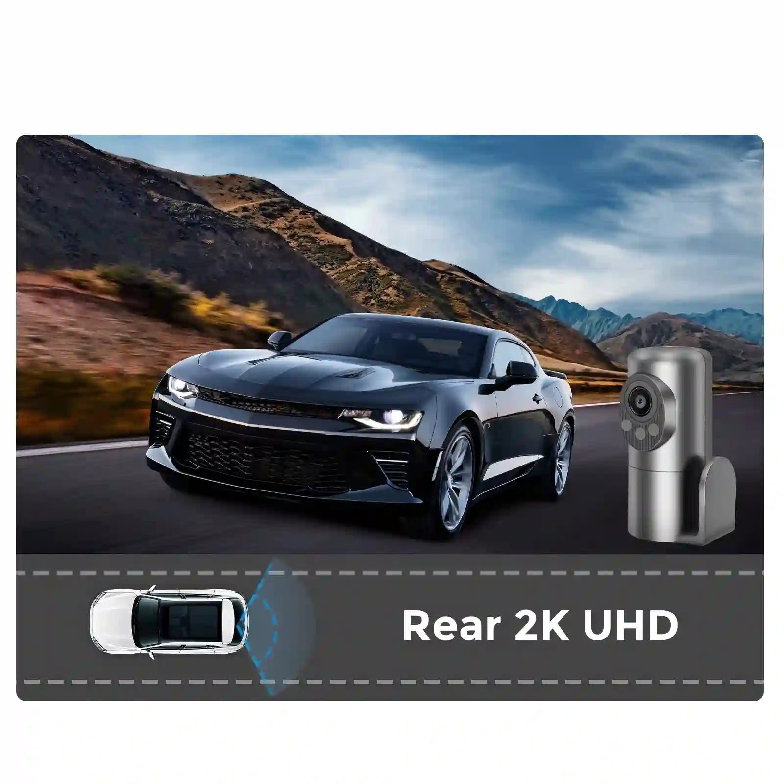 Car driving on a mountain road with a camera device and 'Rear 2K UHD' text.