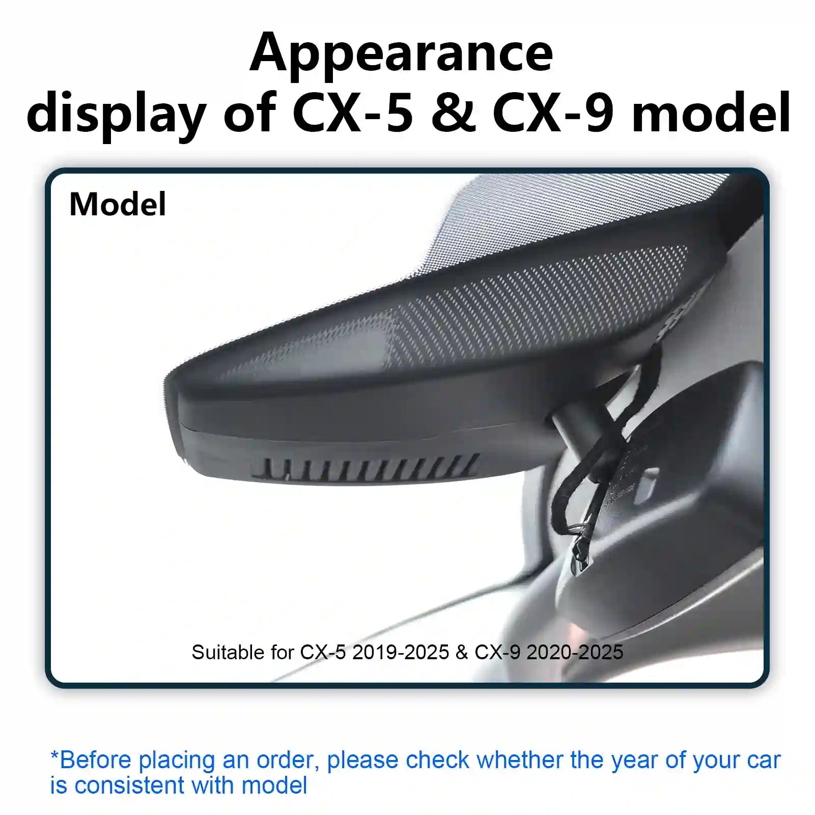 Car side mirror with text indicating model compatibility for CX-5 and CX-9.