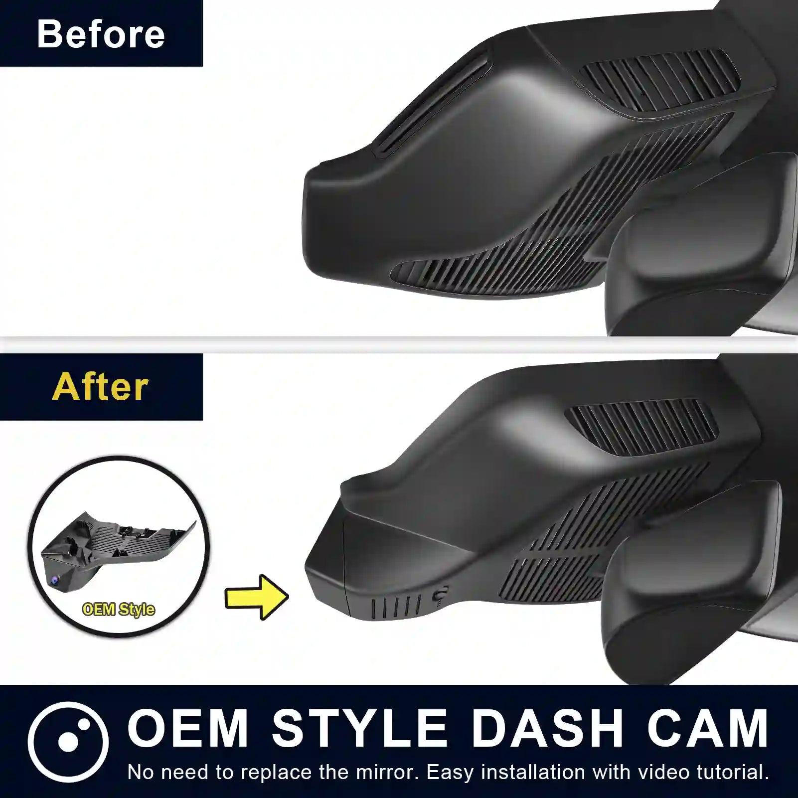Comparison of a car mirror with and without an OEM style dash cam installation.Mercedes Gen-6 E-Class model A dash camera