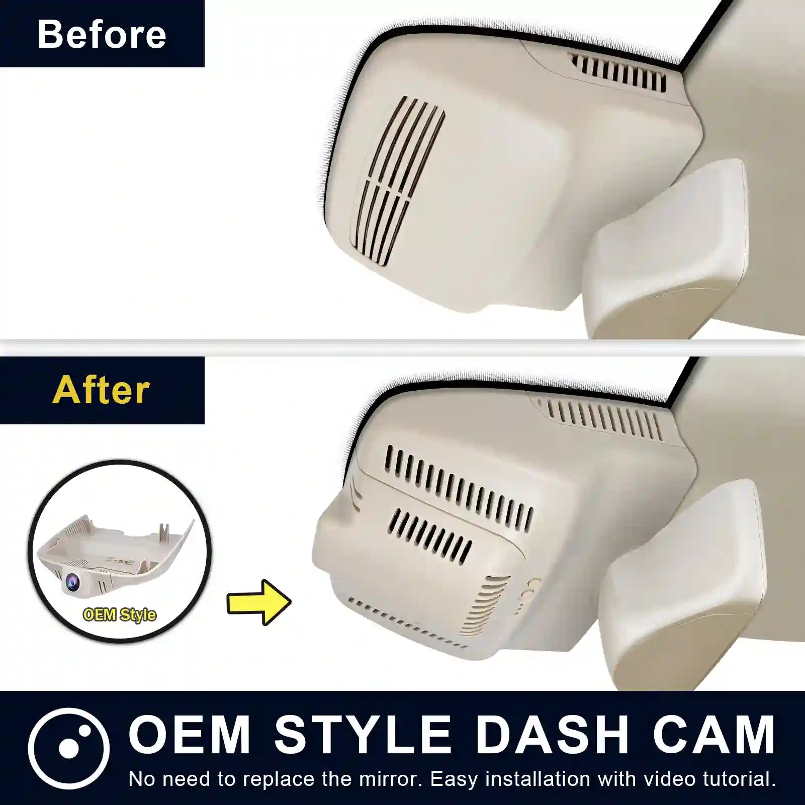 Mercedez benz beige GLK Comparison of a car mirror with and without an OEM style dash cam installation.