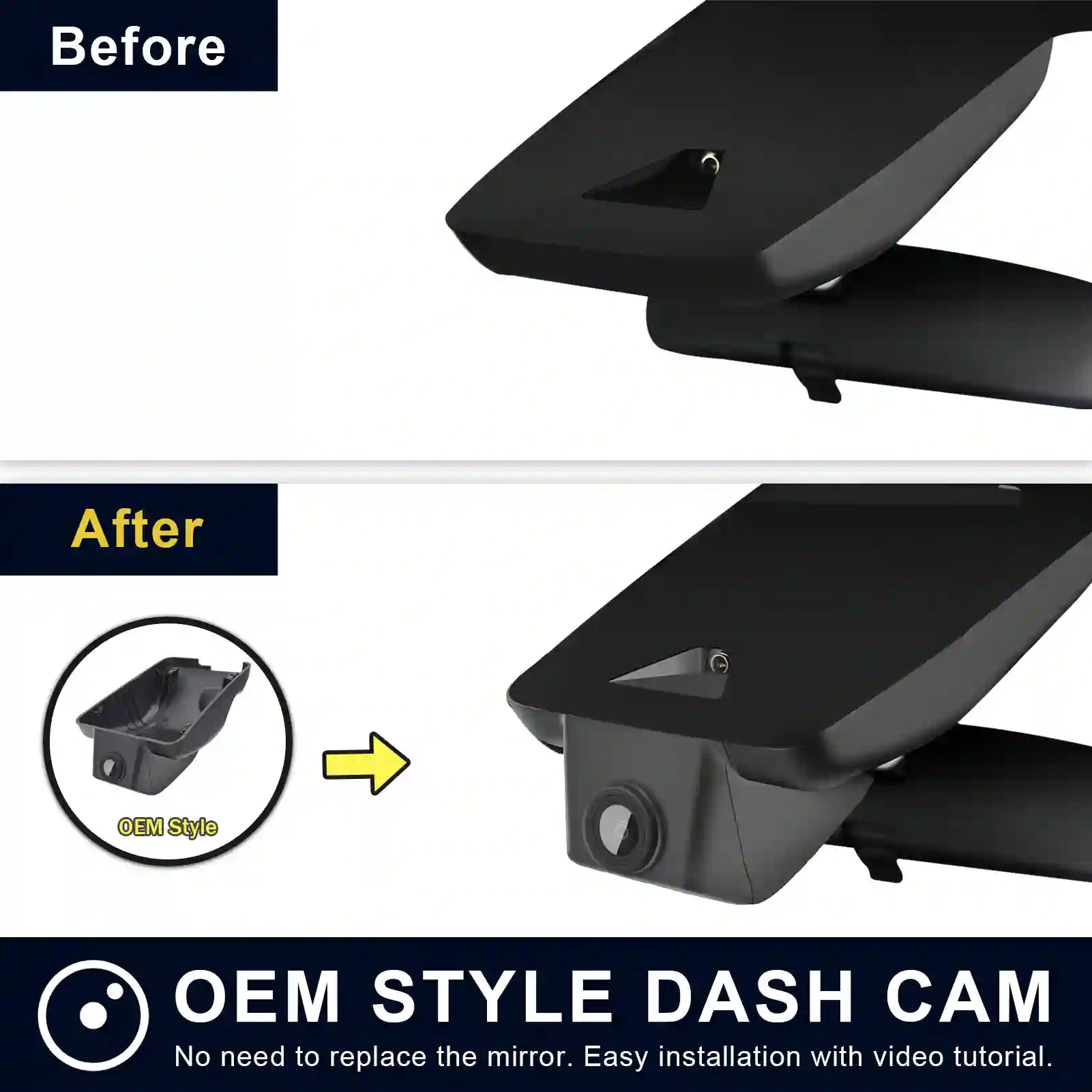 Before and after comparison of an OEM style dash cam installation on a car mirror.