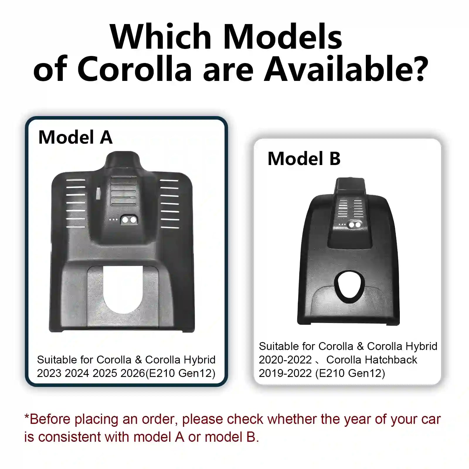 Comparison of Model A and Model B for Toyota Corolla models, with text indicating compatibility and year ranges.