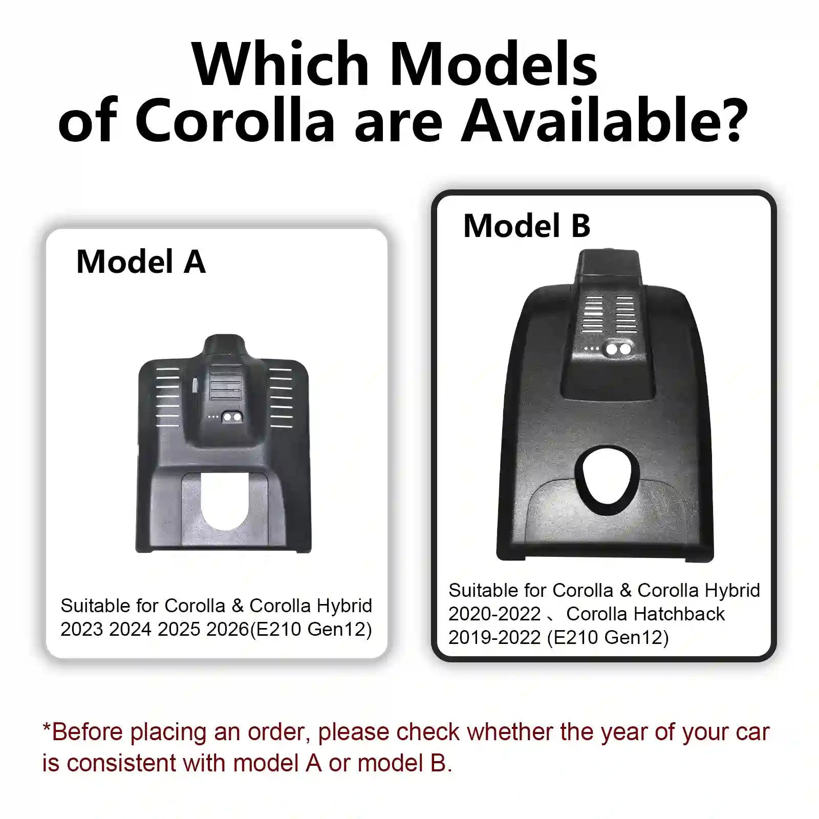Two car part models with text indicating compatibility for different Toyota Corolla models.