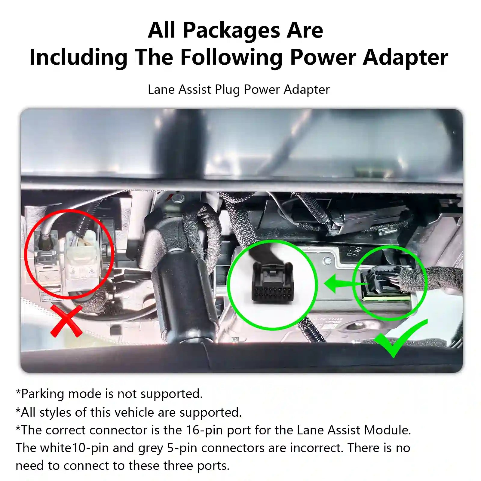 Car interior with power adapter connection diagram and text about power adapter inclusion. For mangoal tech dash camera