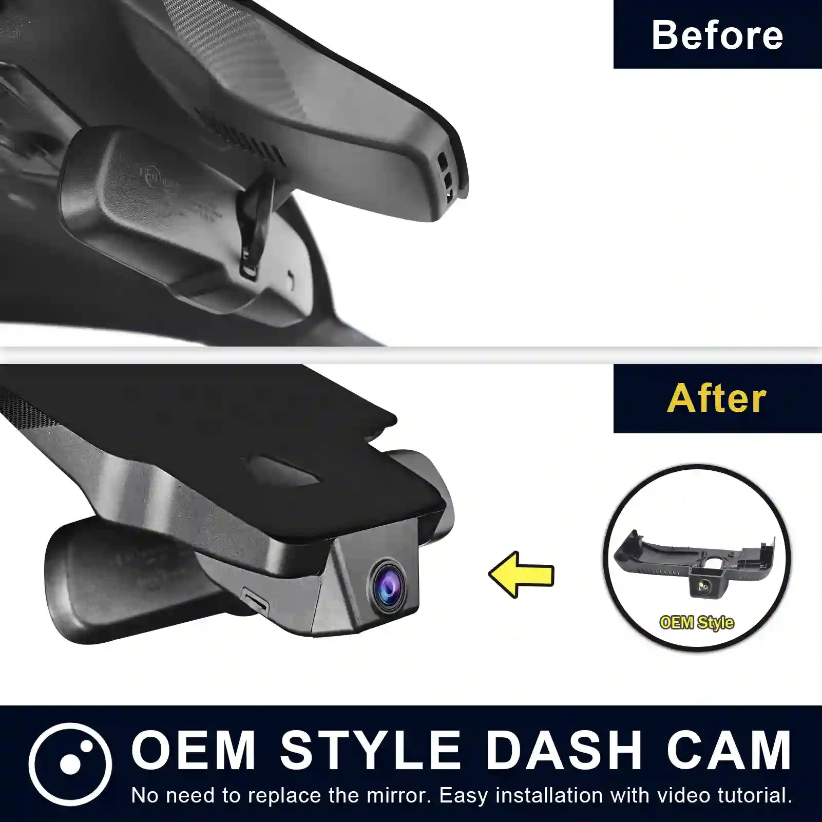 Before and after comparison of a car mirror with an OEM style dash cam installation.