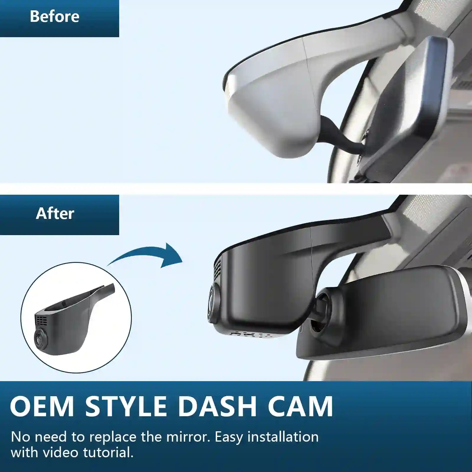 Before and after comparison of an OEM style dash cam installation on a car mirror.
