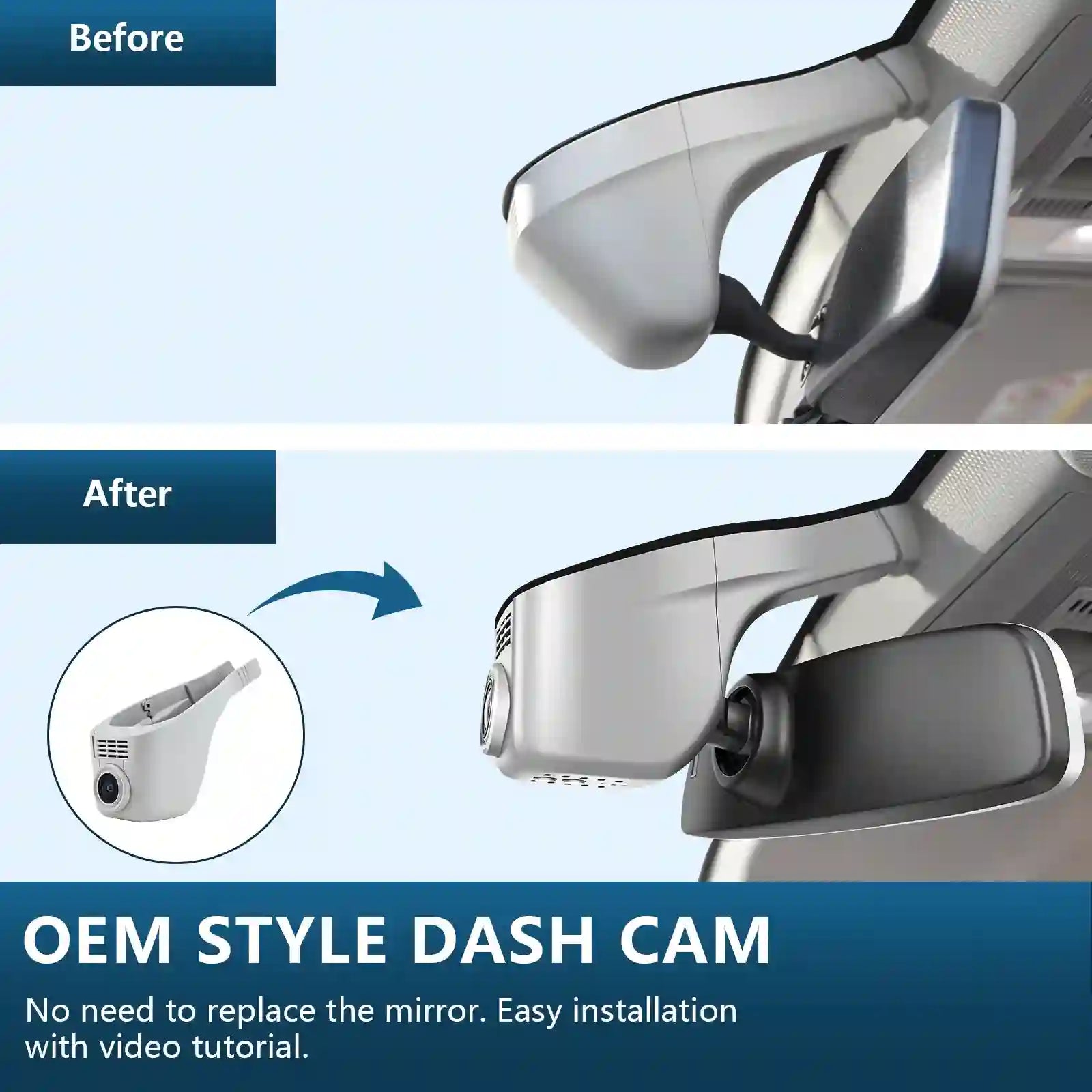 Before and after comparison of an OEM style dash cam installation on a car mirror with text and icon.