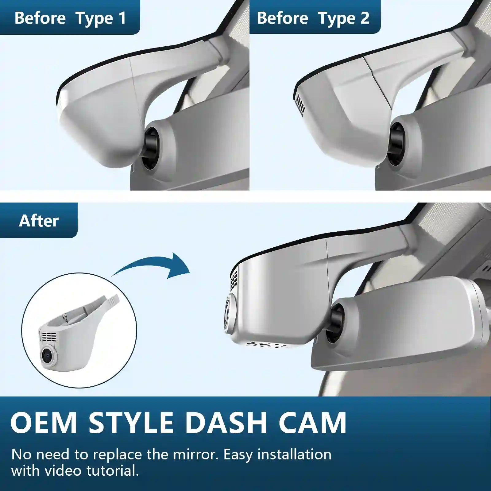 Comparison of a car mirror with and without an OEM style dash cam installation, showing before and after views.