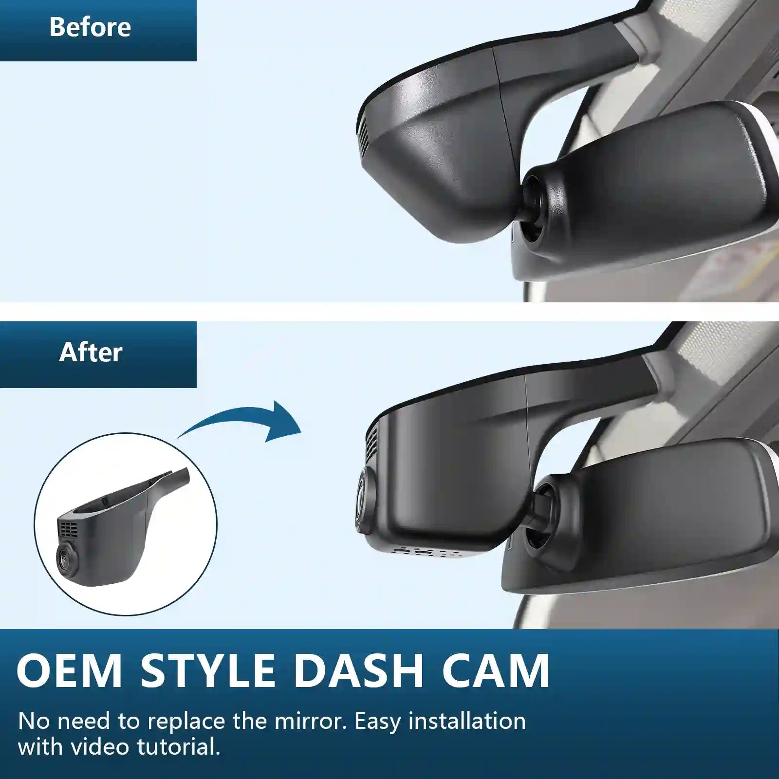 Before and after comparison of a car mirror with an OEM style dash cam installation.