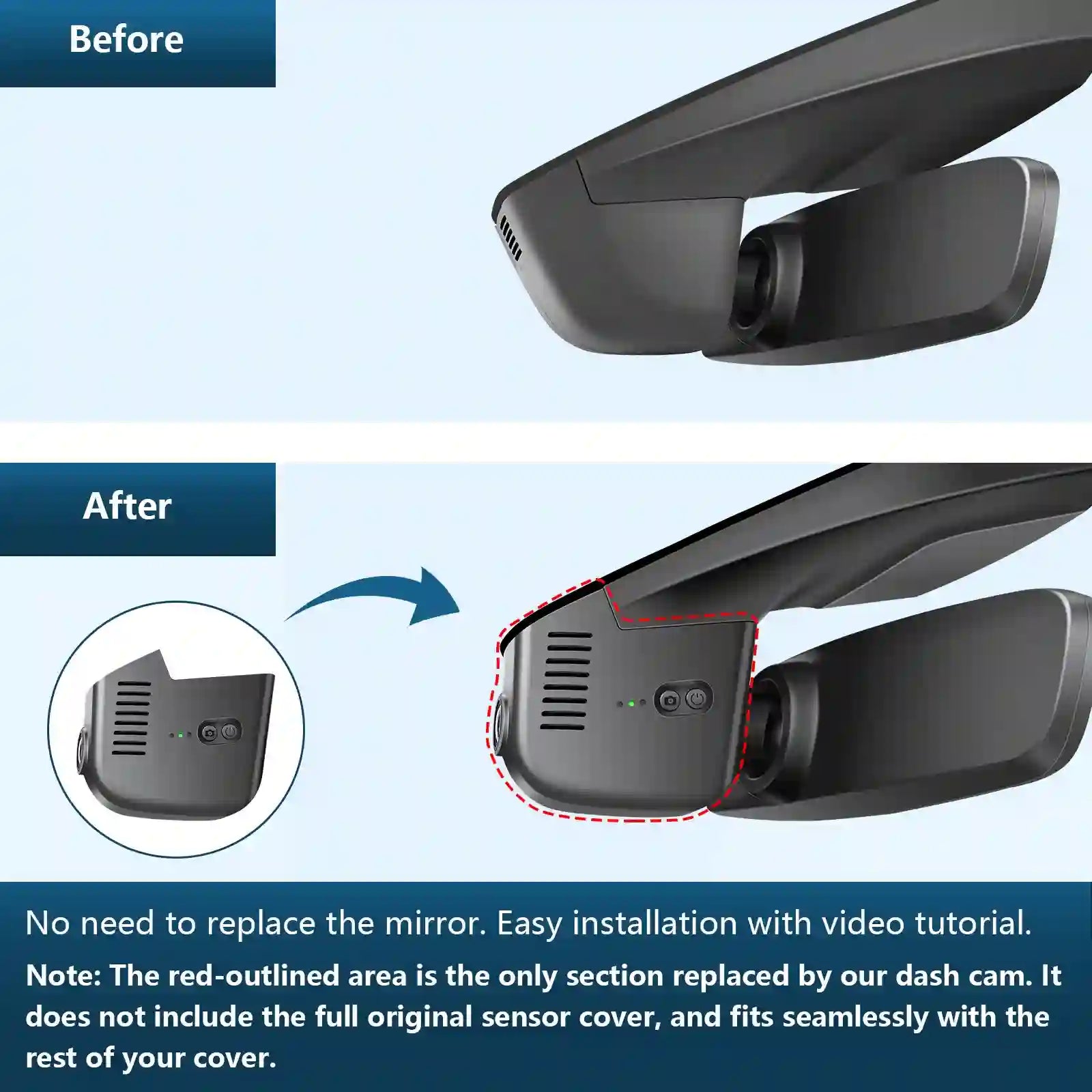 Before and after comparison of a car mirror with a dash cam installation.