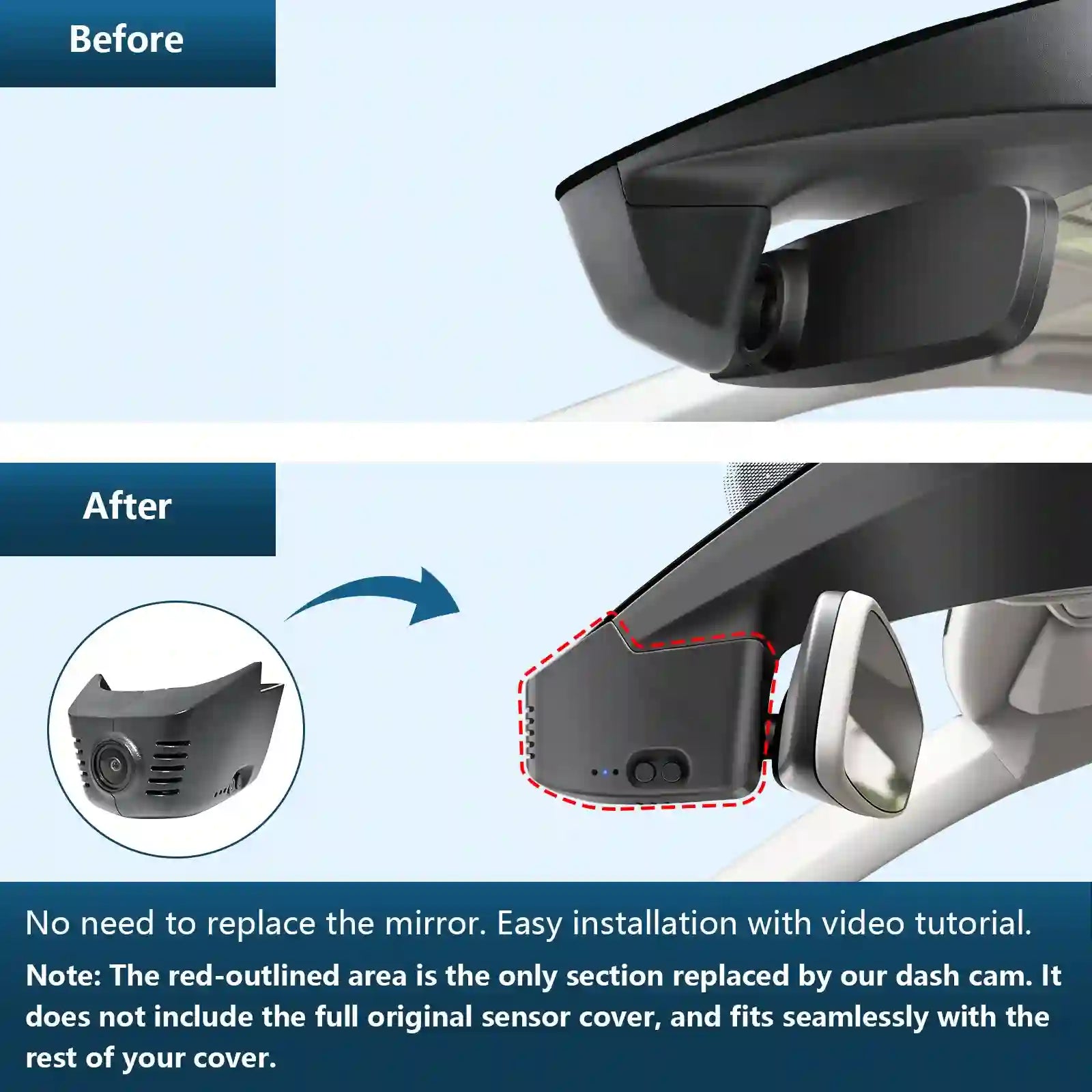 Before and after comparison of a car mirror with a dash cam installation.