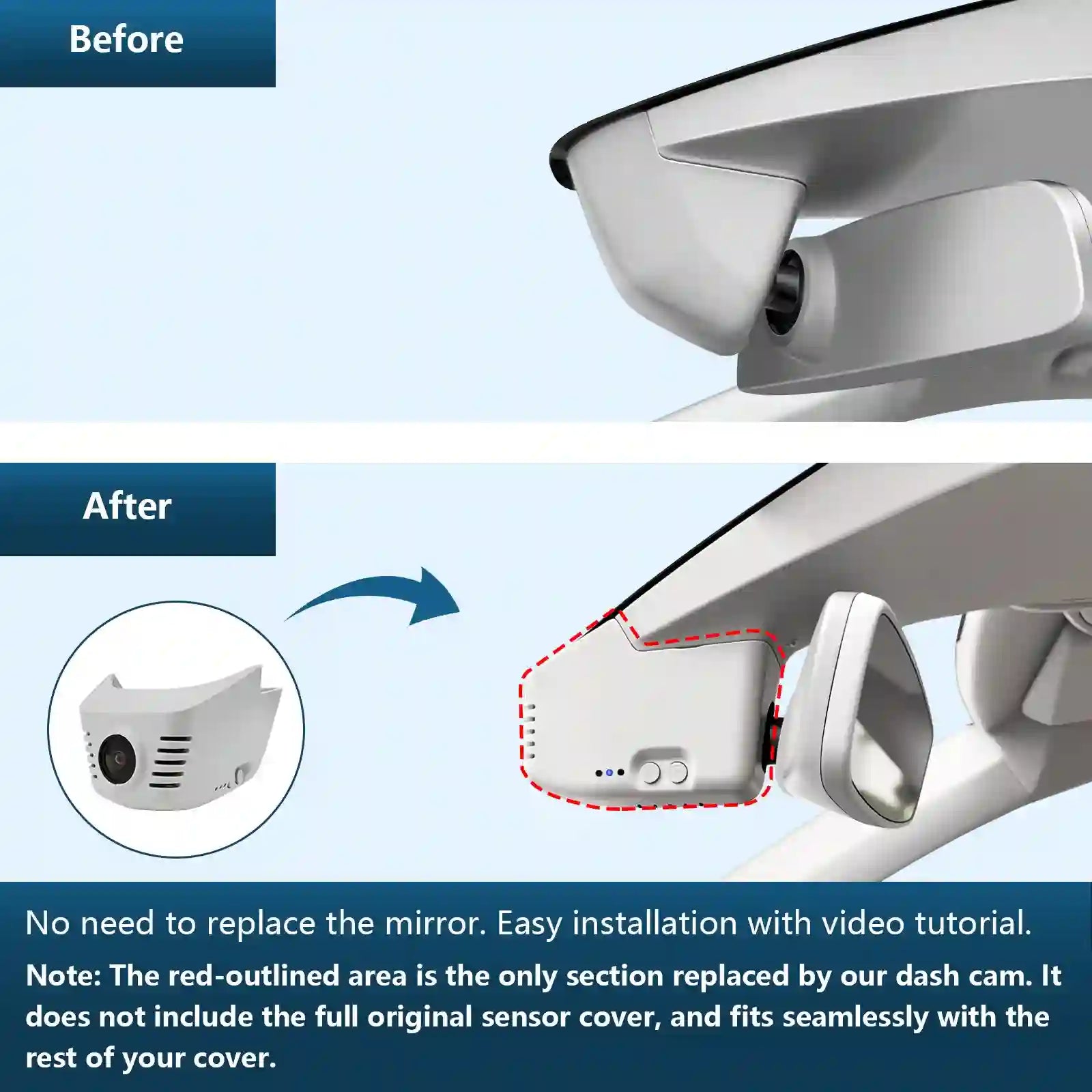 Before and after comparison of a car mirror with a dash cam installation.