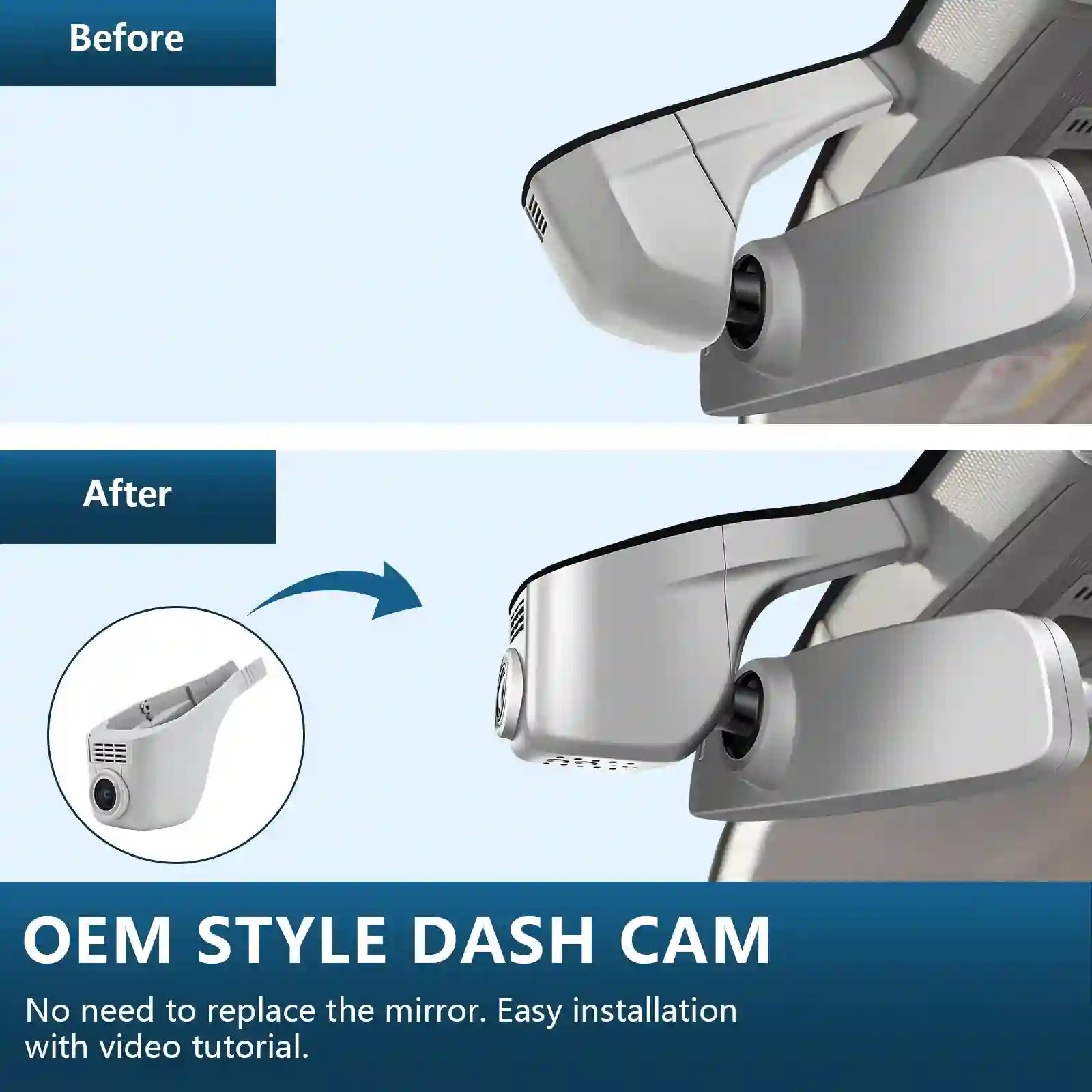 Before and after comparison of an OEM style dash cam installation on a vehicle mirror.