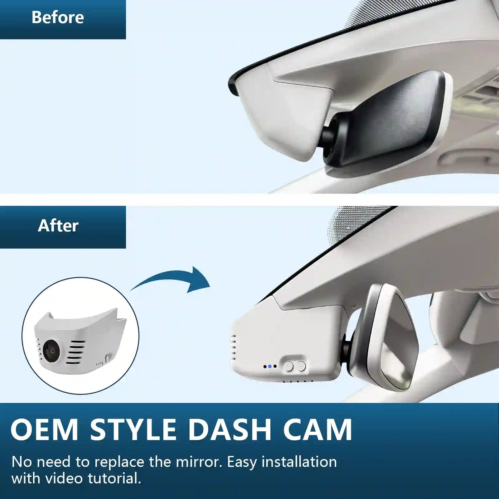Before and after comparison of a car dash cam installation with mirror integration.