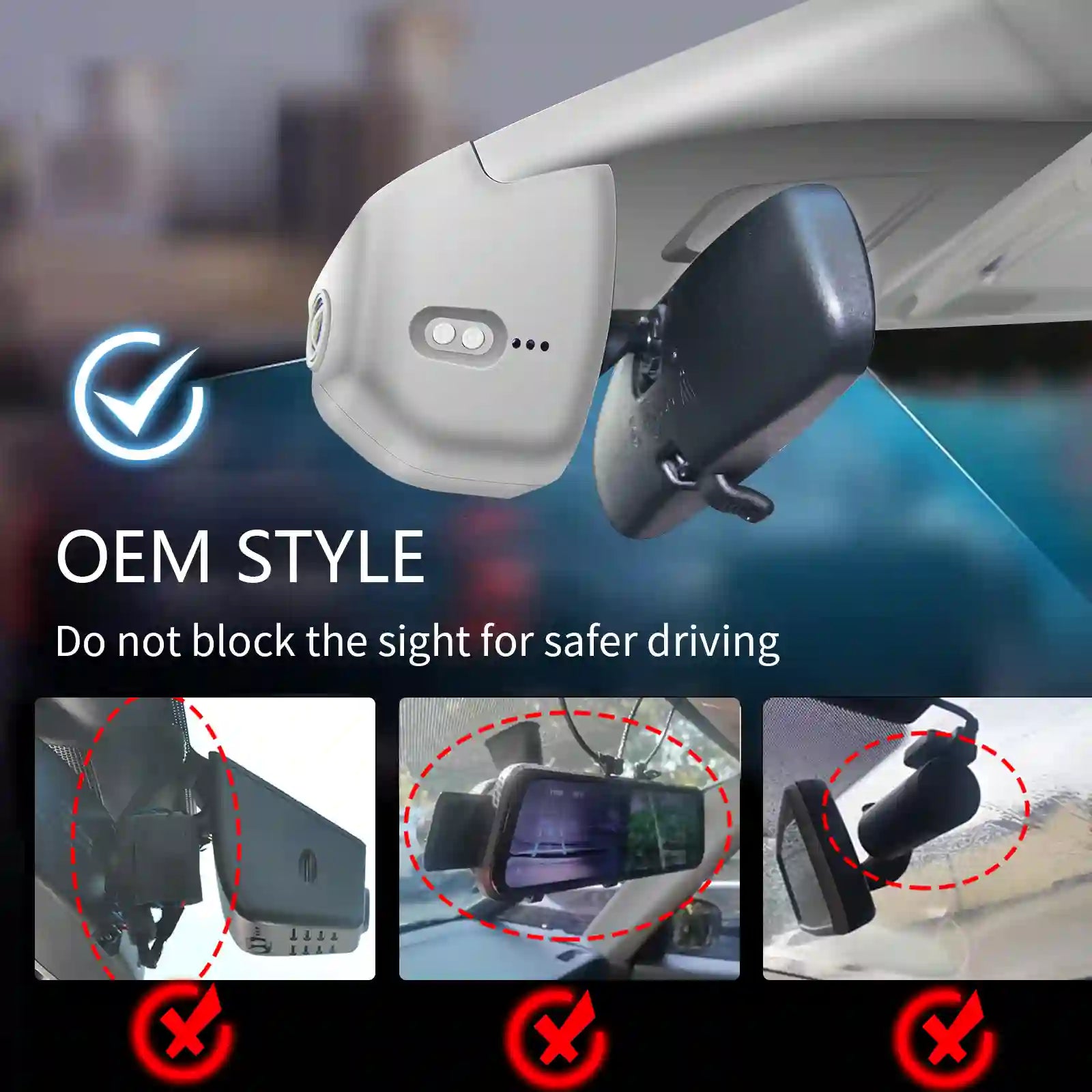 Car rearview mirror with mounted device, emphasizing safe installation for driver visibility.