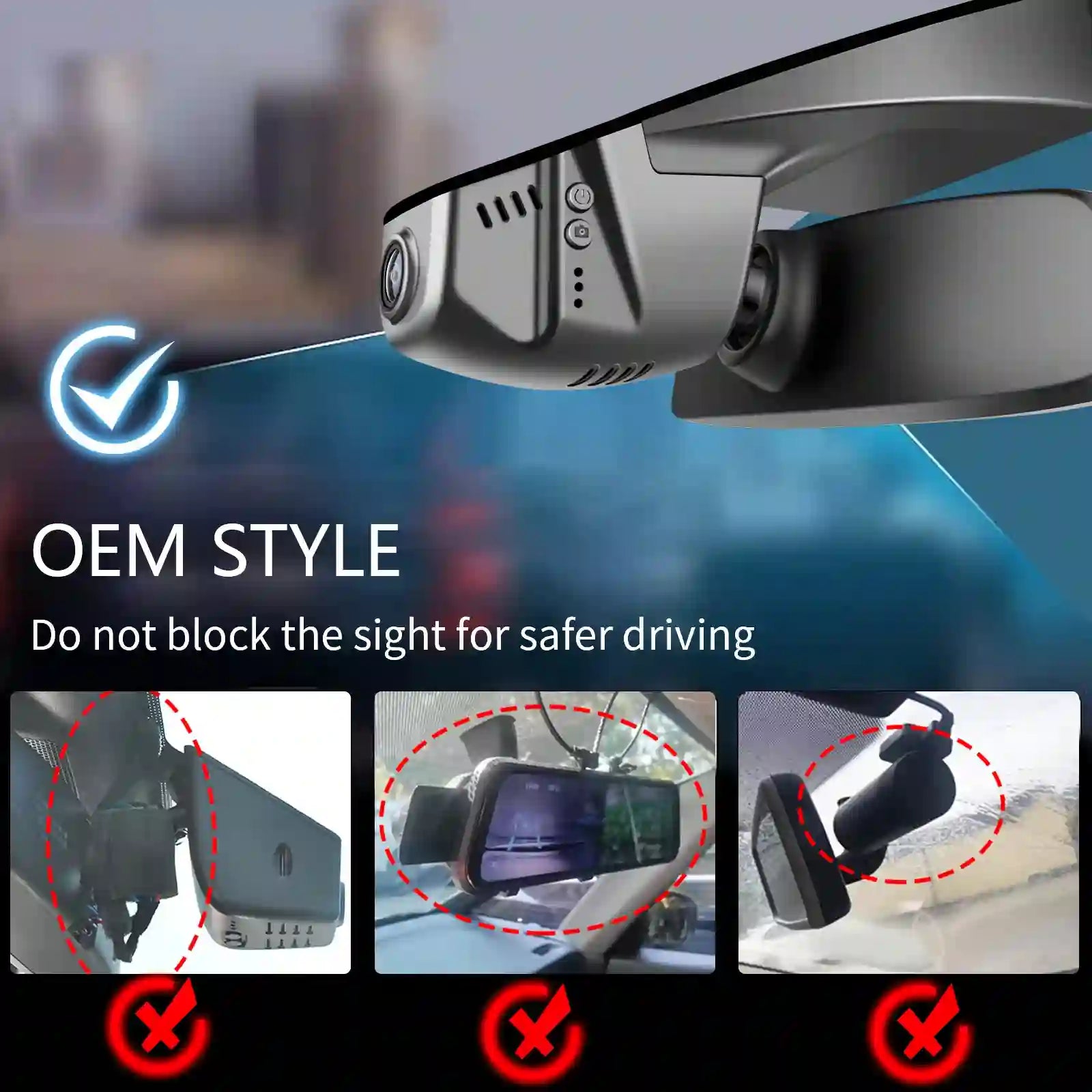 Car dashboard camera with instructions on safe installation and use.