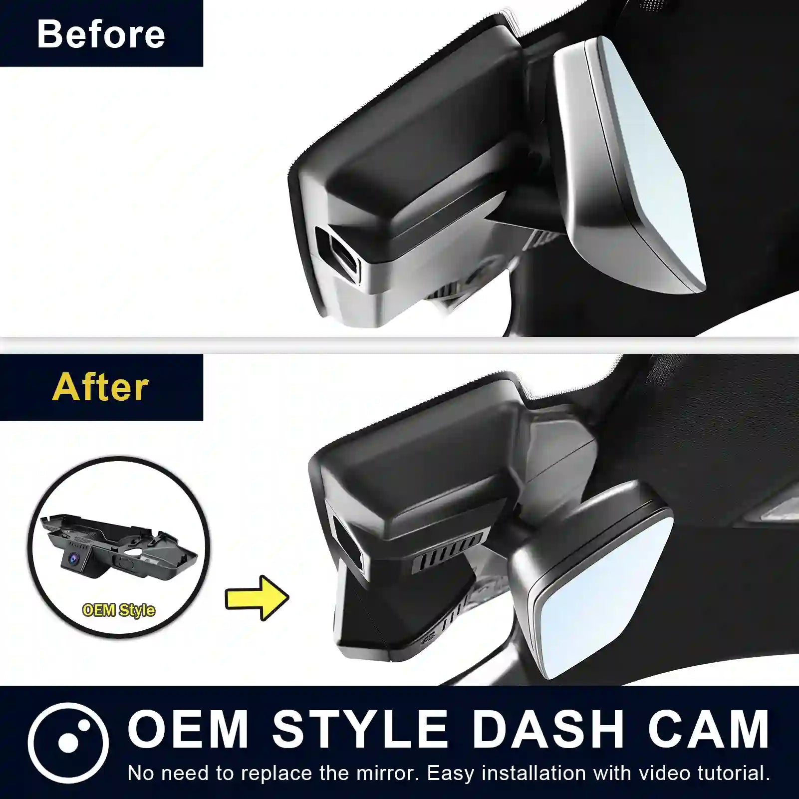 Before and after comparison of an OEM style dash cam installation on a car mirror.