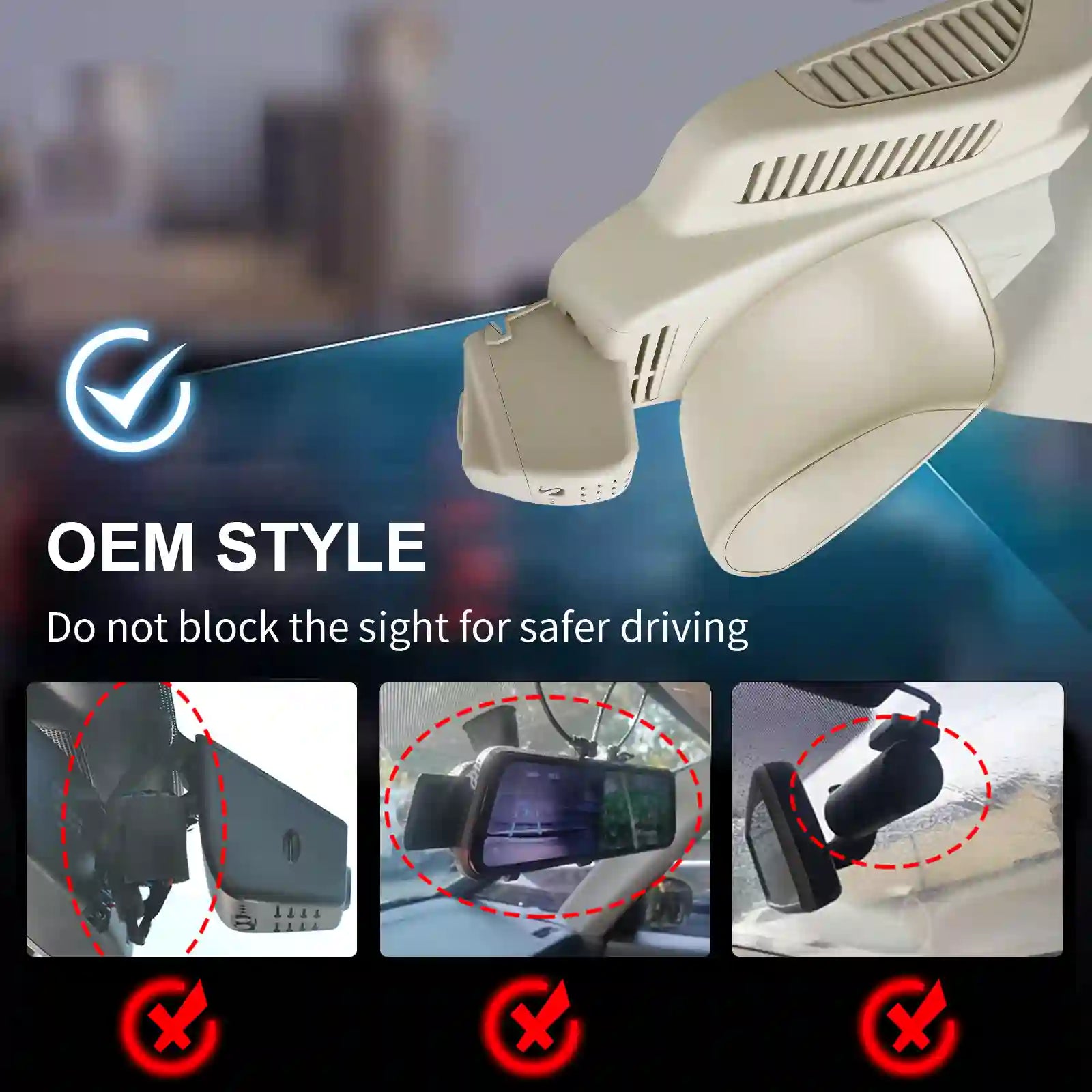 Car sun visor with a checkmark indicating 'OEM Style' and text about safe driving.