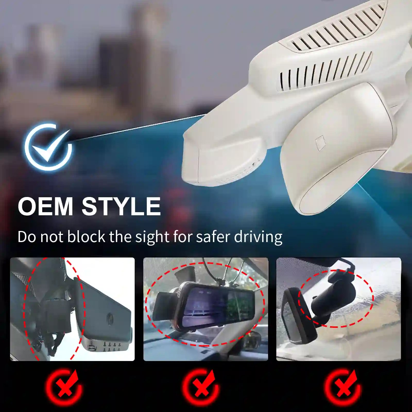 Car air freshener with a cityscape background and text about safe driving.