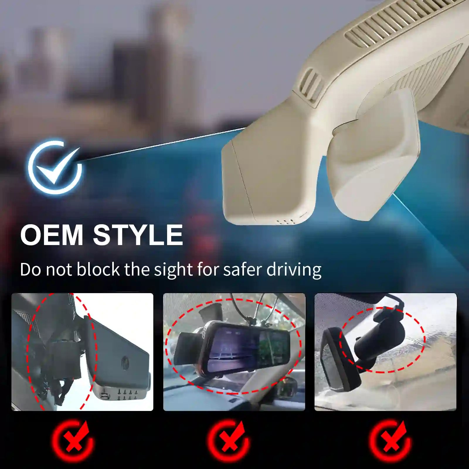 Car camera with a blurred cityscape background, emphasizing safe driving.