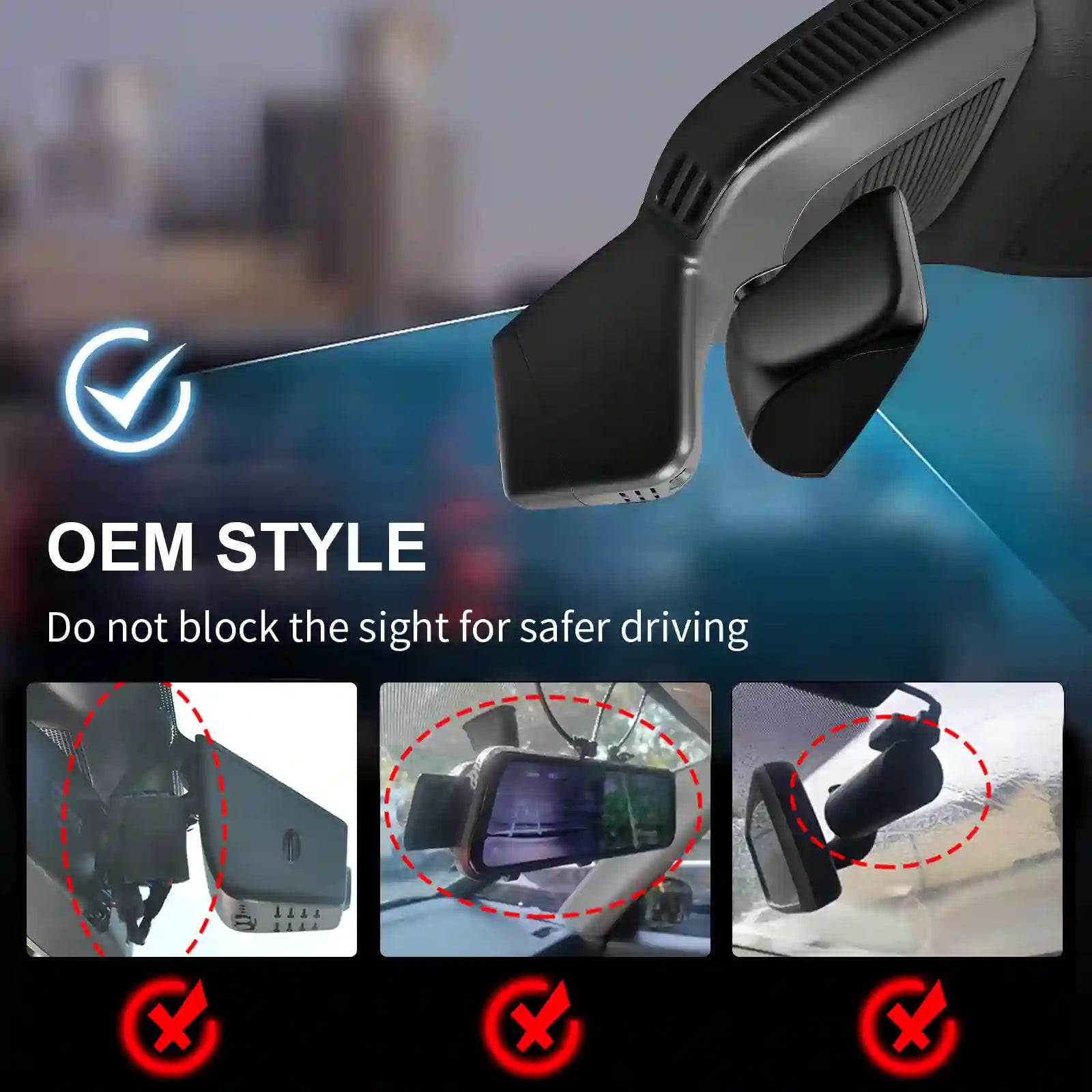 Car dashboard camera with text 'OEM Style' and safety features on a blurred cityscape background.
