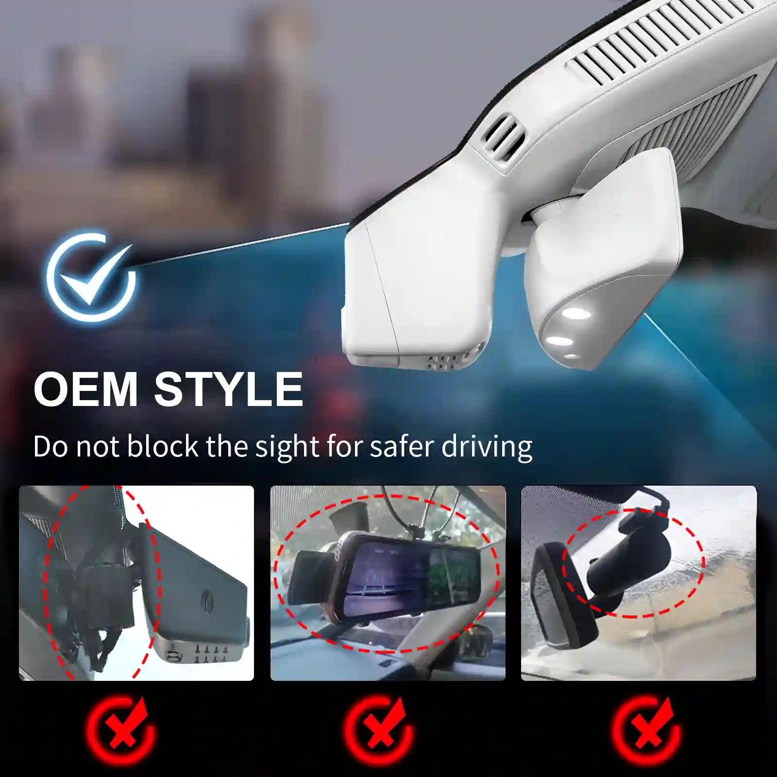 Mercedes benz gls camera with a cityscape background, emphasizing safe installation for driver's visibility. by mangoal