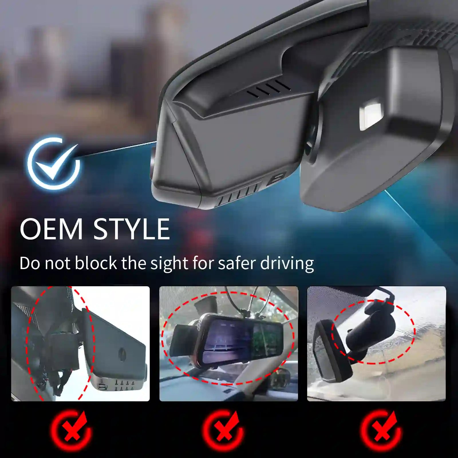 Car rearview mirror with text about safe driving and OEM style.