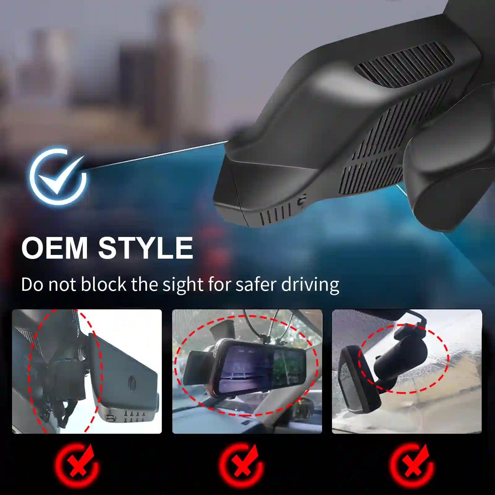 Car air freshener with a check mark icon and text about safe driving. for Mercedes Gen-6 E-Class by mangoal tech dash camera