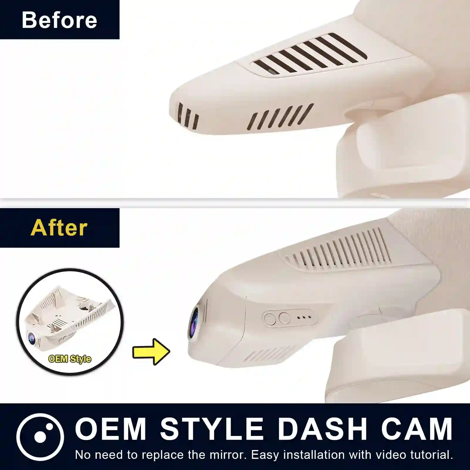 Comparison of OEM style dash cam before and after installation on a vehicle mirror.