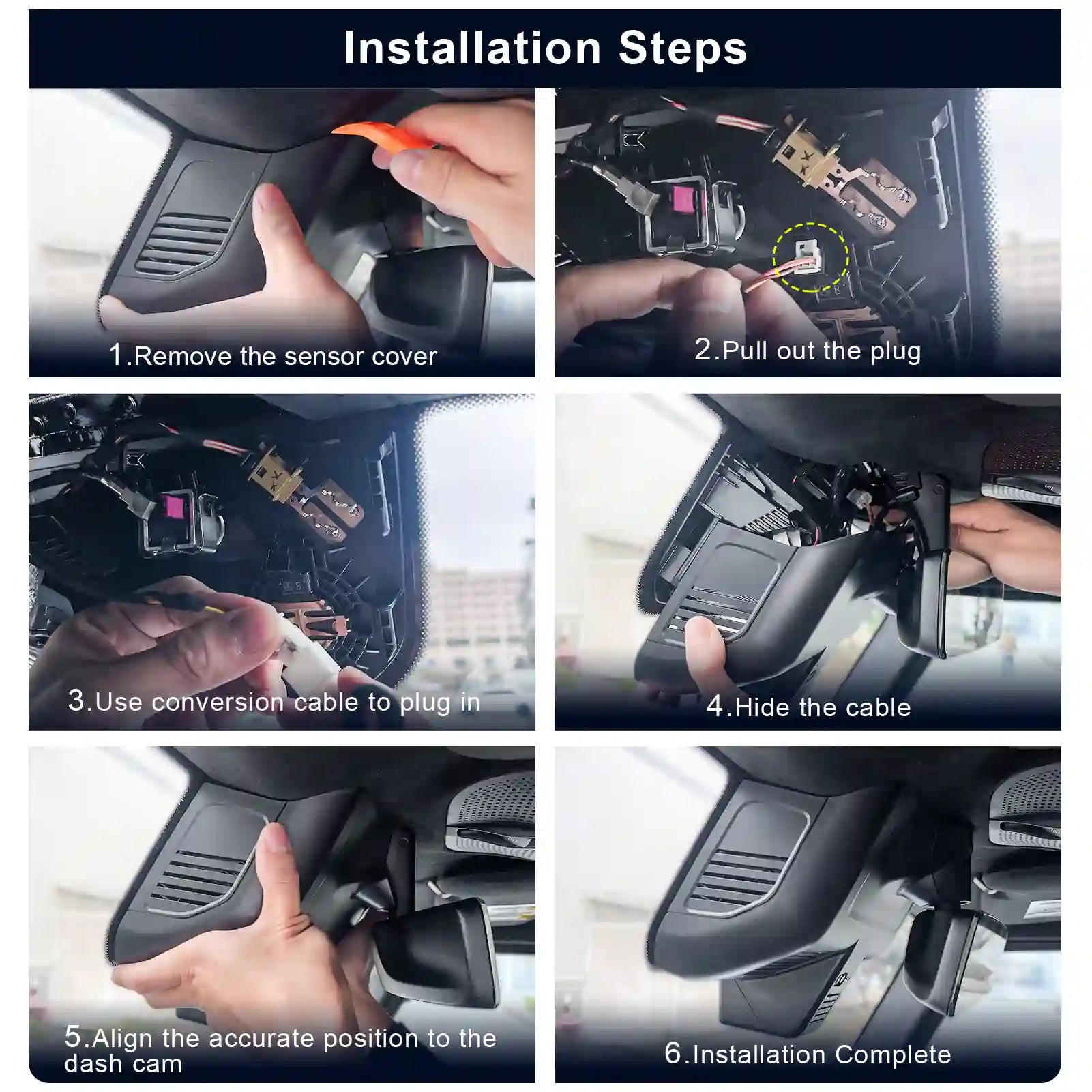 Step-by-step guide on installing a car camera with close-up shots of hands performing each action.
