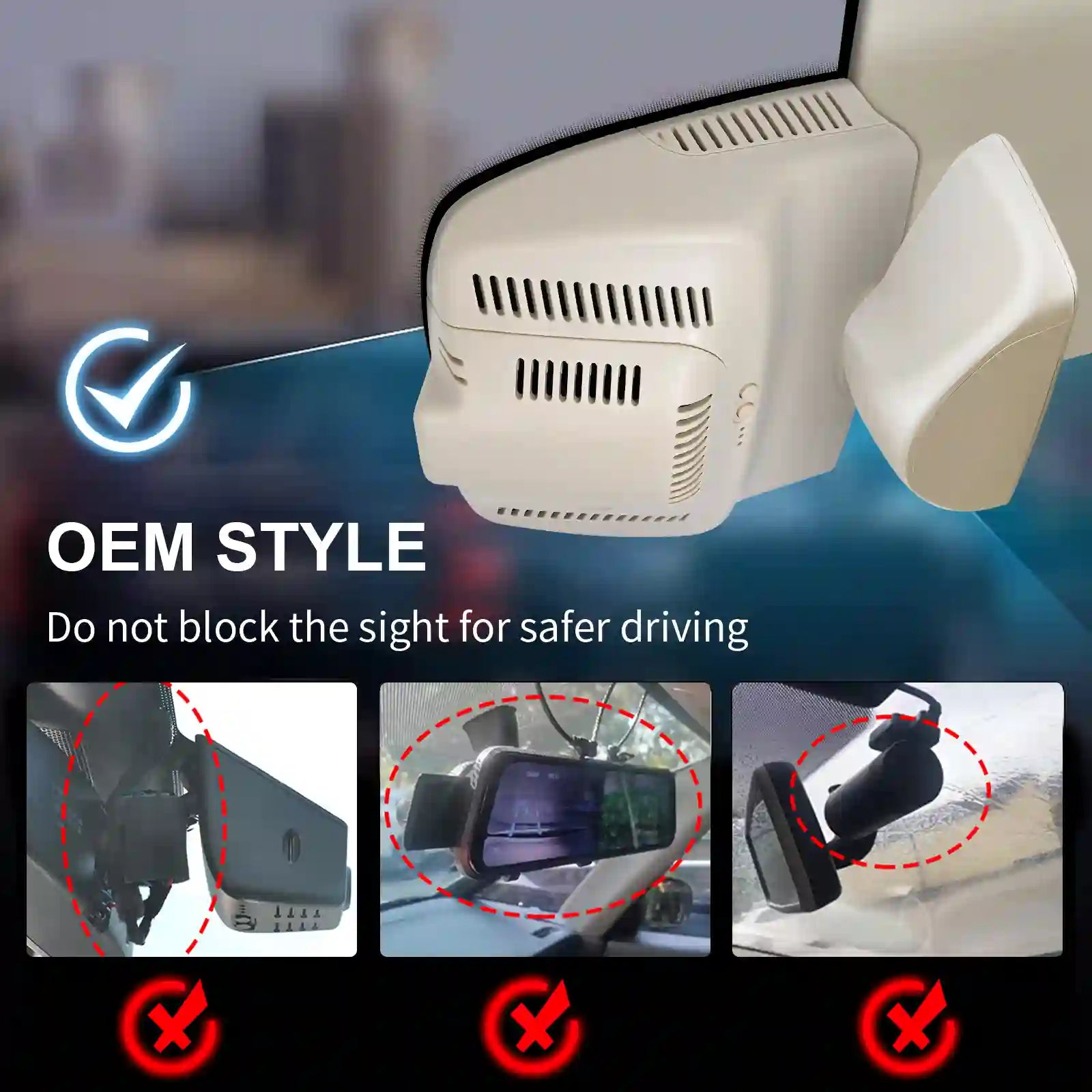 Merdececez benz GLK Model-B beige Car dashboard camera with text 'OEM Style' and safety features on a blurred cityscape background. camera