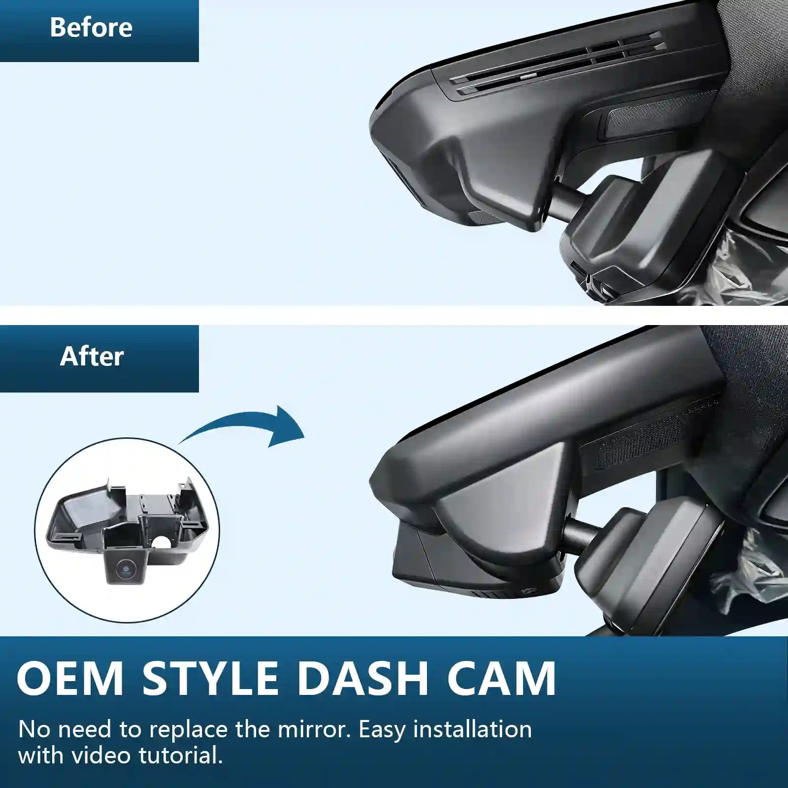 RAM Truck model G Before and after comparison of an OEM style dash cam installation on a vehicle.