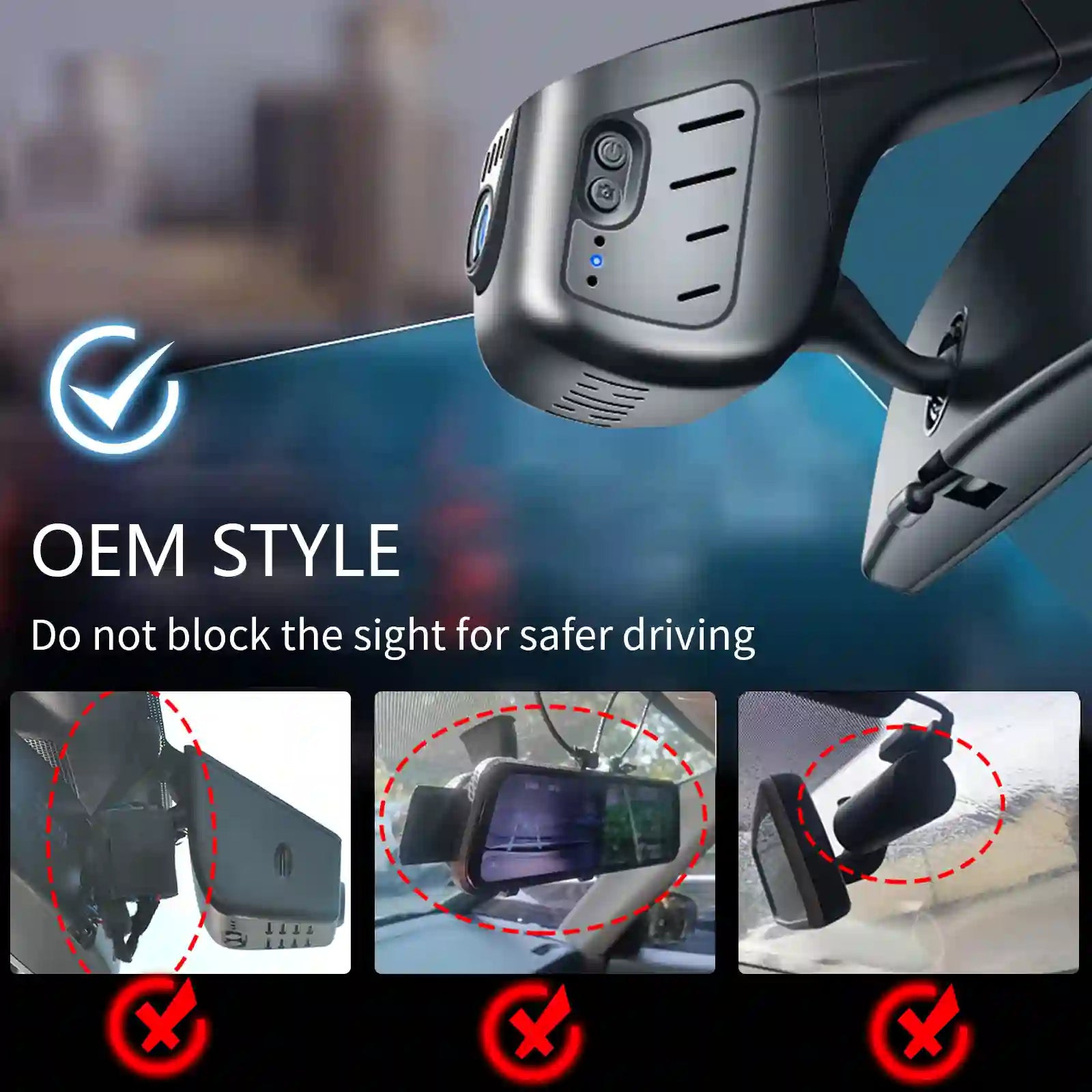 Car camera mounted on a mirror with instructions not to block the driver's view for safer driving.