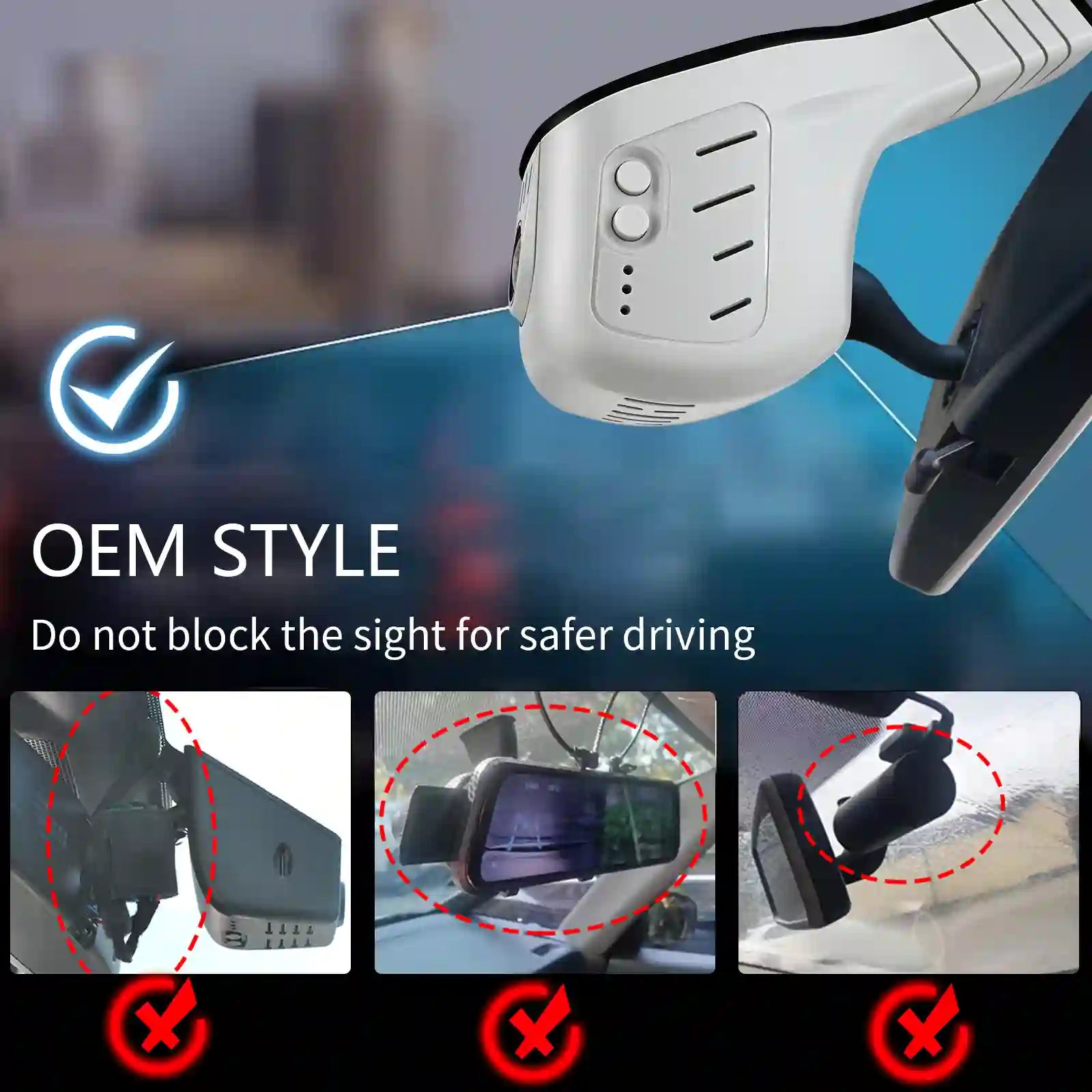 Car rearview mirror with mounted device, emphasizing safe installation for driver visibility.