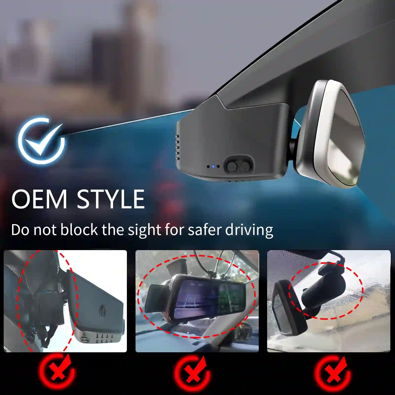 Car dashboard camera with a mirror attachment on a blurred city street background