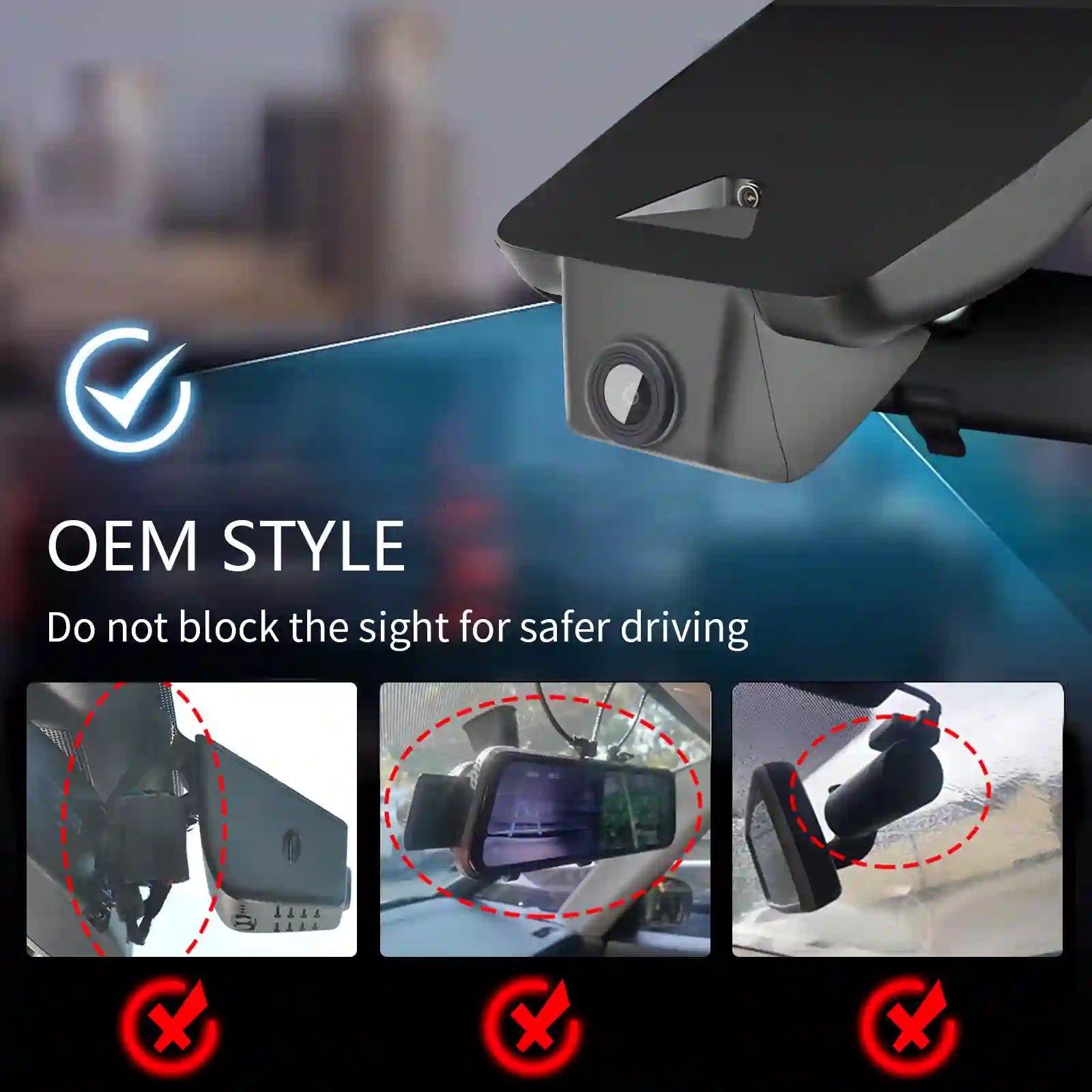 Car camera on a blurred cityscape background with safety guidelines.