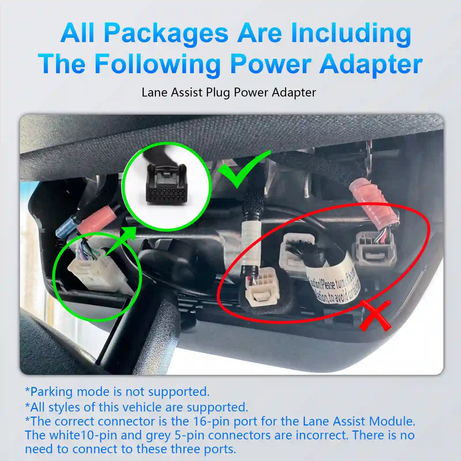 Power adapter for lane assist system with labeled parts and text on a vehicle interior background.