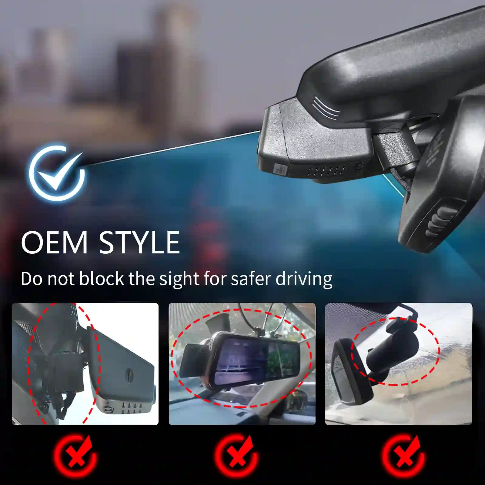 Car dashboard camera with instructions on safe installation and use.