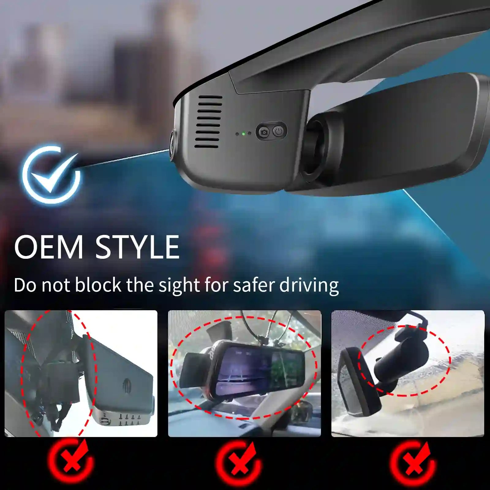 Car mirror with built-in camera for safer driving, showing examples of correct and incorrect installation.