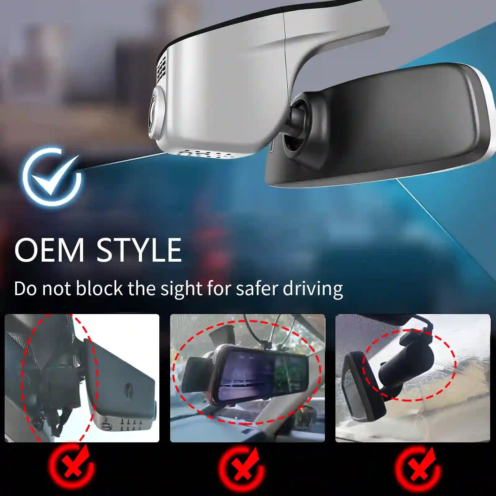 Car rearview mirror with camera, emphasizing safe installation for driver visibility.