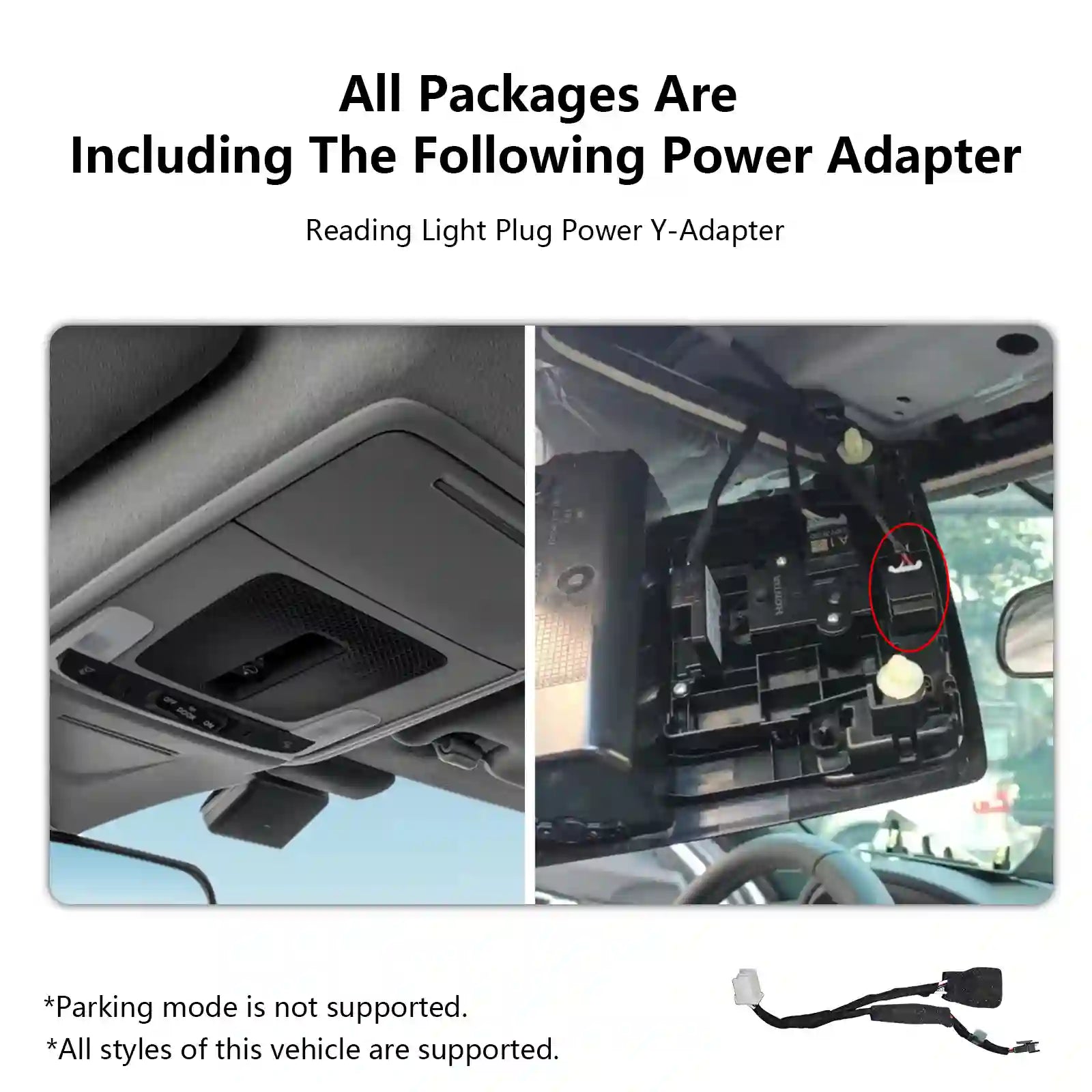 Advertisement for a power adapter included with vehicle packages, showing installation on a car's sun visor and dashboard. for mangoal dash cam