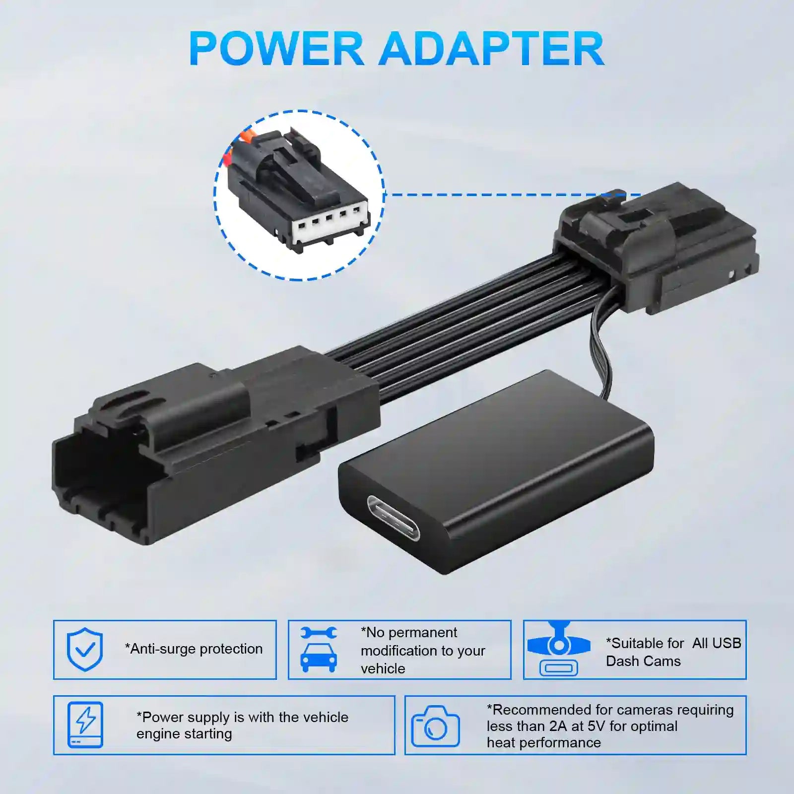 Power adapter vehicle cameras front and back for OEM dash camera by mangoal tech