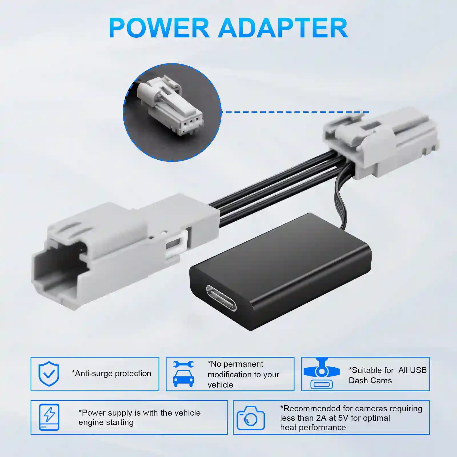 Power adapter with USB connection on a light blue background